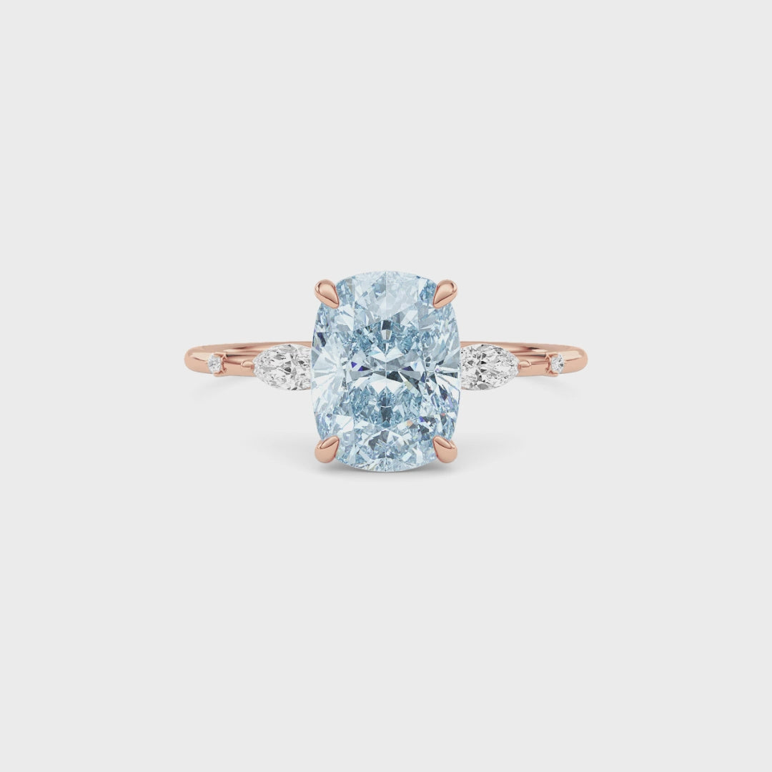 Rose gold Fancy Blue Cushion Cut Diamond Marquise Side Stone Engagement Ring