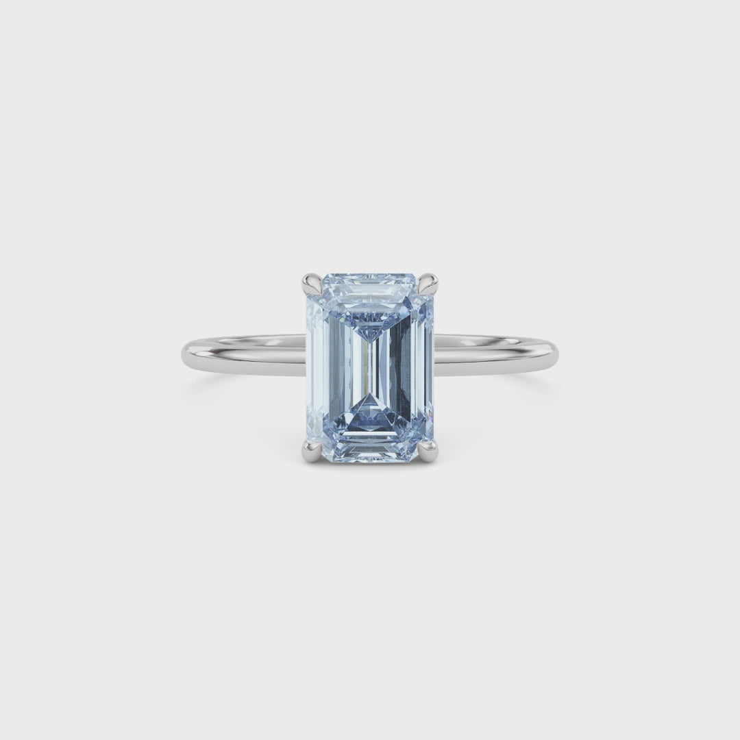 Platinum Fancy Blue Emerald Cut Diamond Hidden Halo Solitaire Engagement Ring with Prong Setting