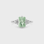 Silver Fancy Green Radiant Cut Three Stone Diamond Engagement Ring with Tapered Baguette and Round Side Stones