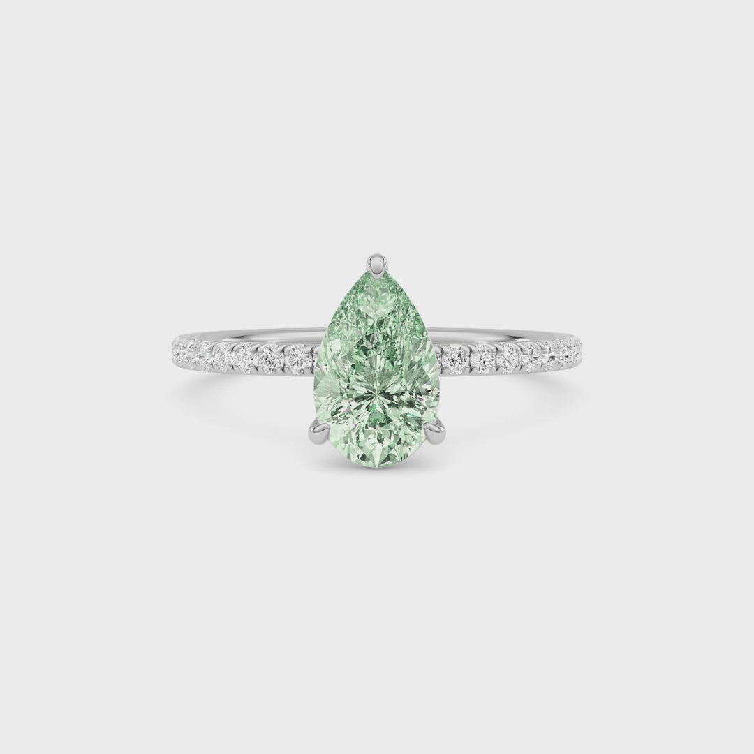 Platinum Fancy Green Pear Cut Diamond Solitaire with Pavé Band