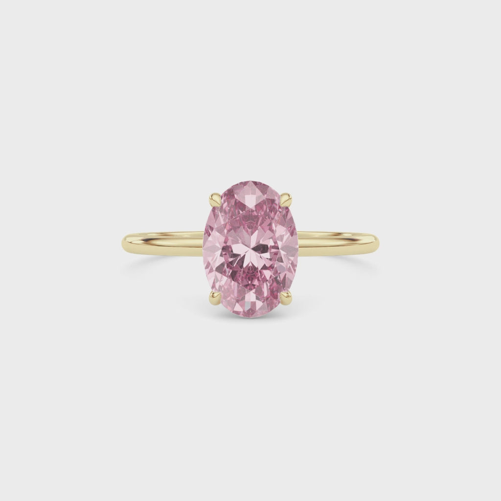 Yellow gold Fancy Pink Oval Cut Diamond Hidden Halo Solitaire Engagement Ring with Prong Setting