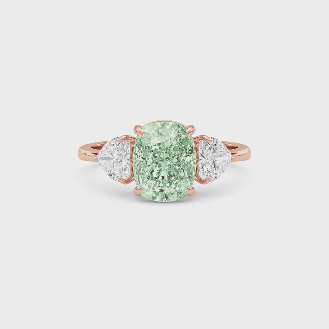 Rose gold Three-Stone Fancy Green Cushion Cut Diamond Ring with Heart Side Stones