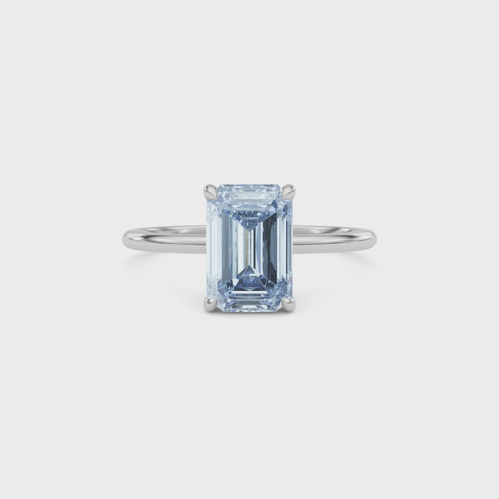 Silver Fancy Blue Emerald Cut Diamond Hidden Halo Solitaire Engagement Ring with Prong Setting