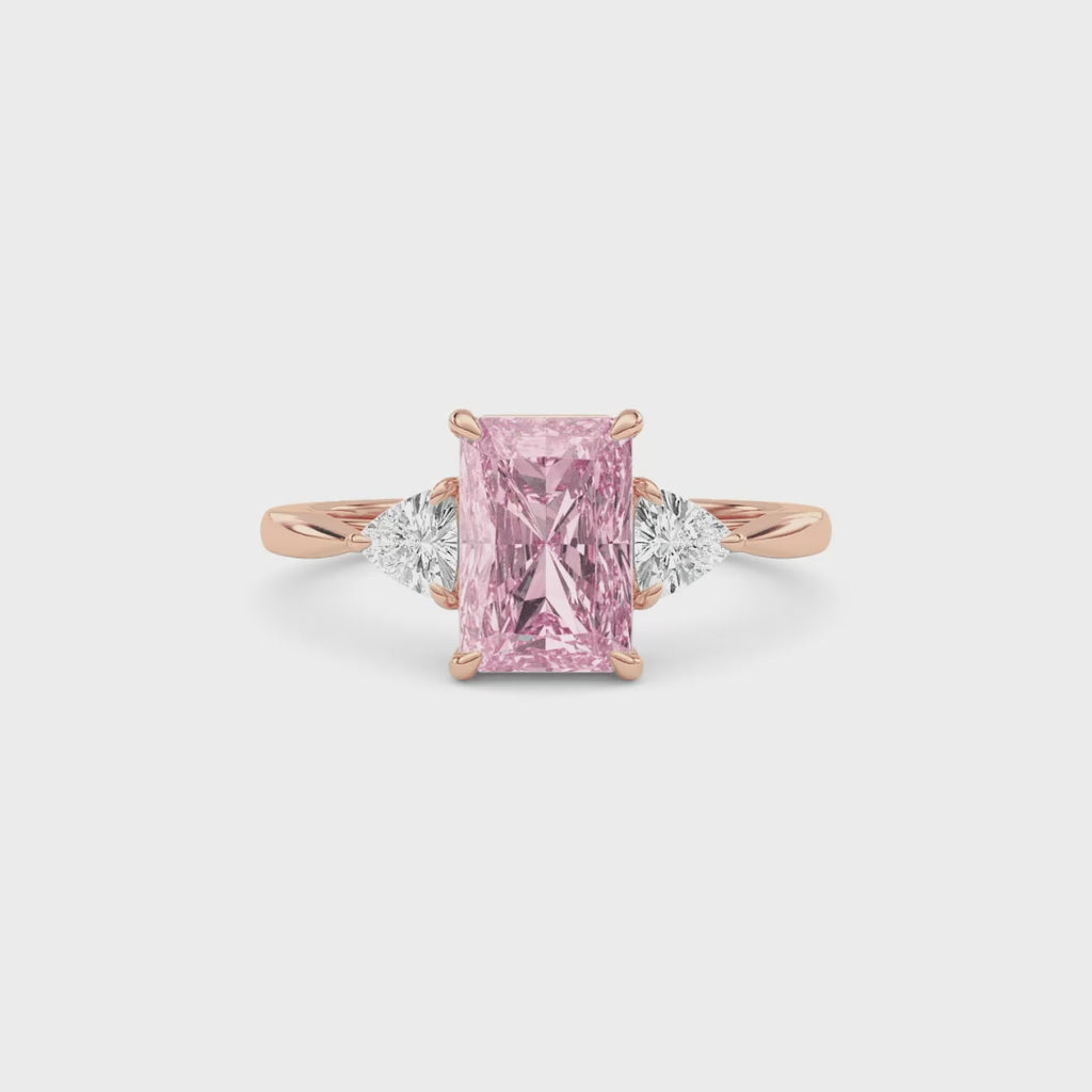 Rose gold Three-Stone Fancy Pink Radiant Cut Diamond Ring with Trillion Side Stones