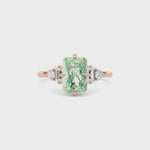 Rose gold Fancy Green Radiant Cut Three Stone Diamond Engagement Ring with Tapered Baguette and Round Side Stones