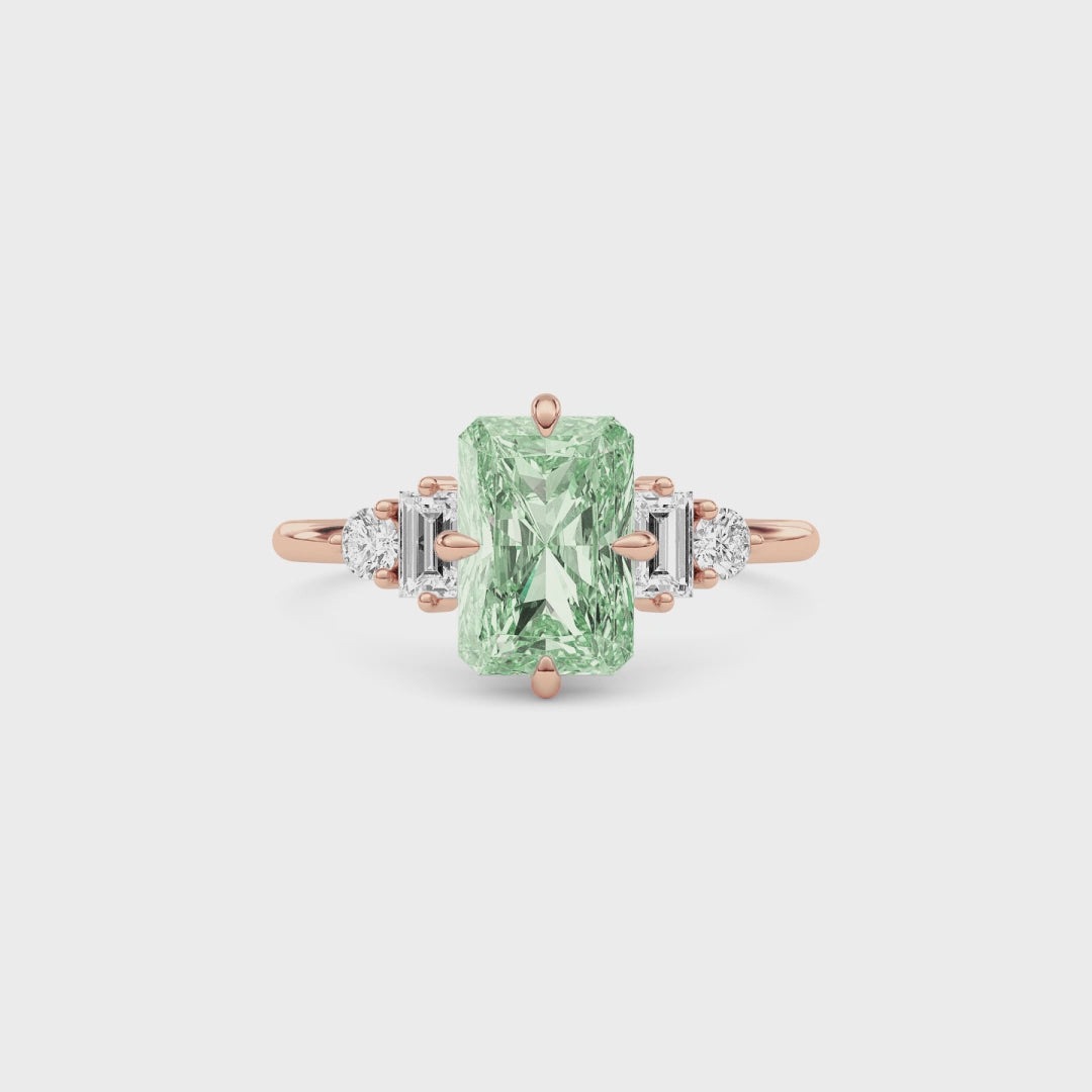 Rose gold Fancy Green Radiant Cut Three Stone Diamond Engagement Ring with Tapered Baguette and Round Side Stones