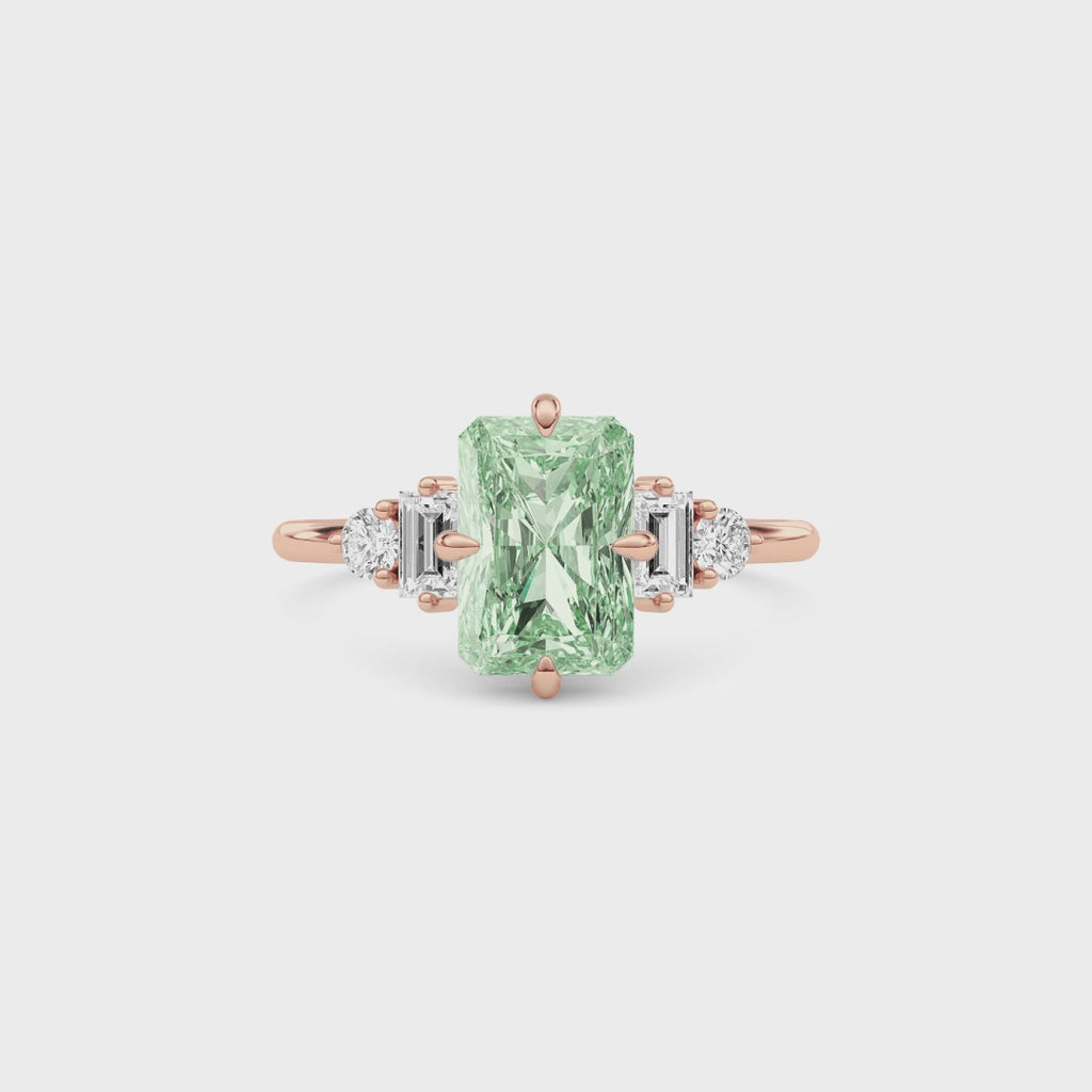 Rose gold Fancy Green Radiant Cut Three Stone Diamond Engagement Ring with Tapered Baguette and Round Side Stones