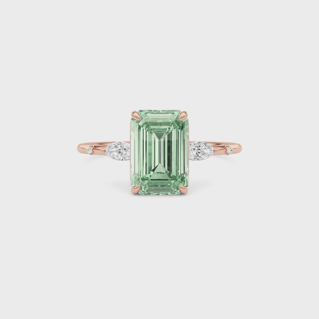 Rose gold Fancy Green Emerald Cut Diamond Marquise Side Stone Engagement Ring