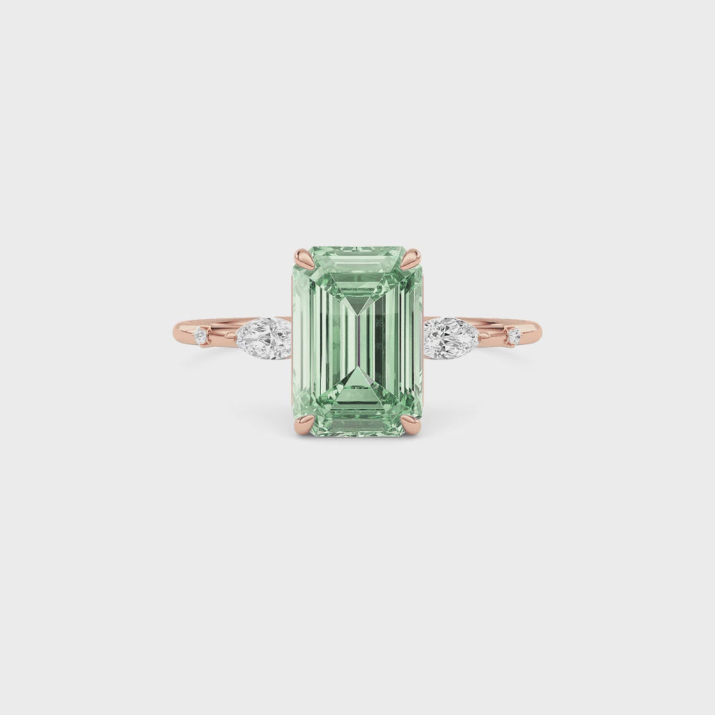 Rose gold Fancy Green Emerald Cut Diamond Marquise Side Stone Engagement Ring