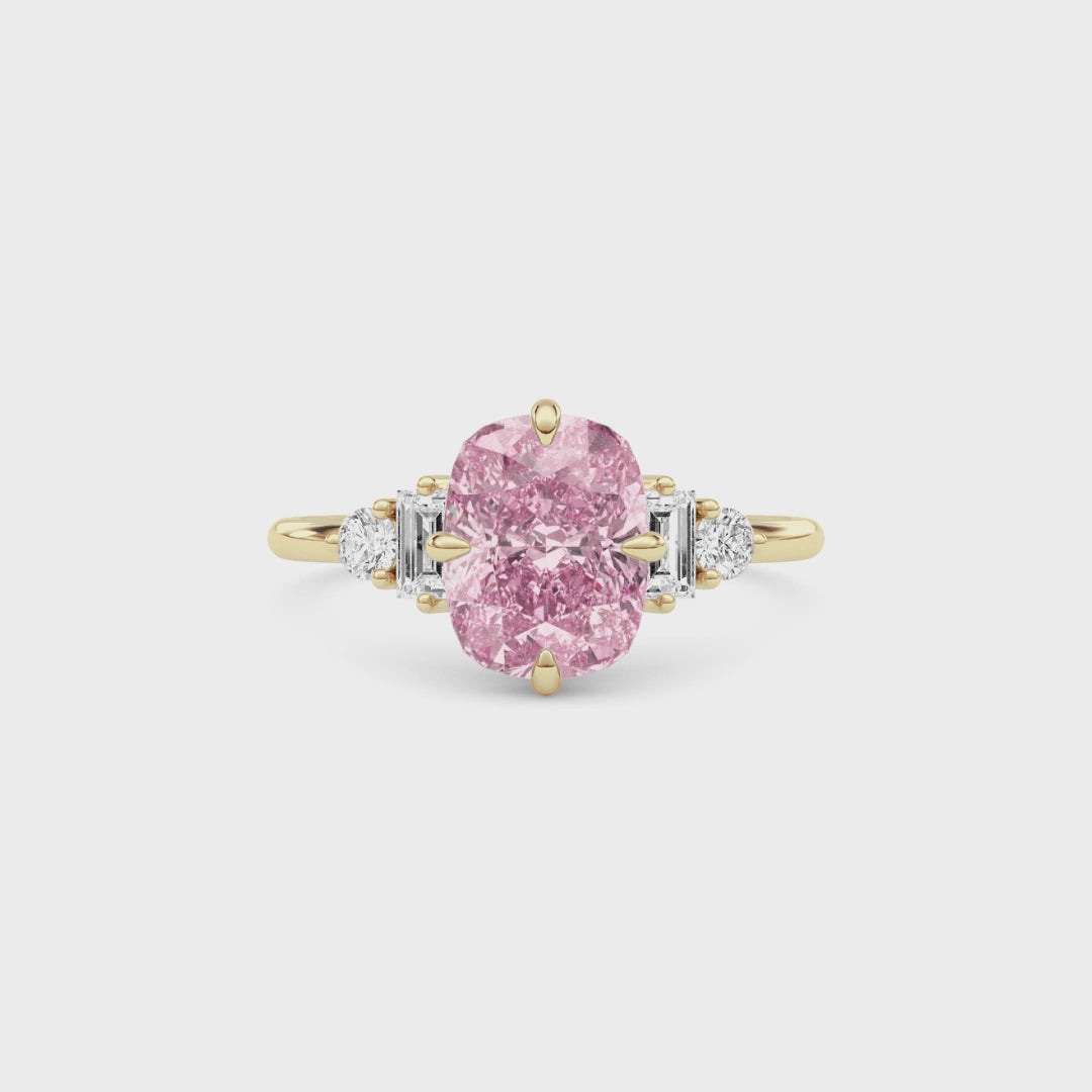 Yellow gold Fancy Pink Cushion Cut Three Stone Diamond Engagement Ring with Tapered Baguette and Round Side Stones