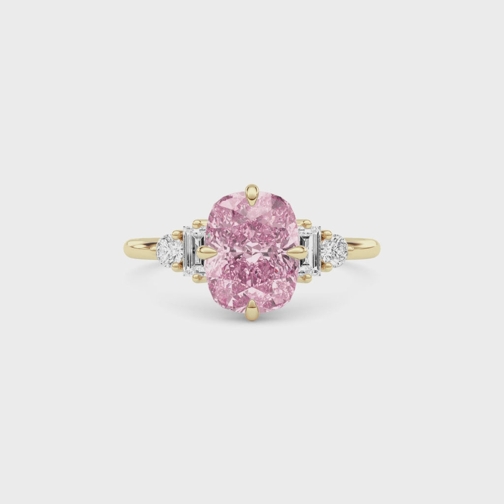 Yellow gold Fancy Pink Cushion Cut Three Stone Diamond Engagement Ring with Tapered Baguette and Round Side Stones