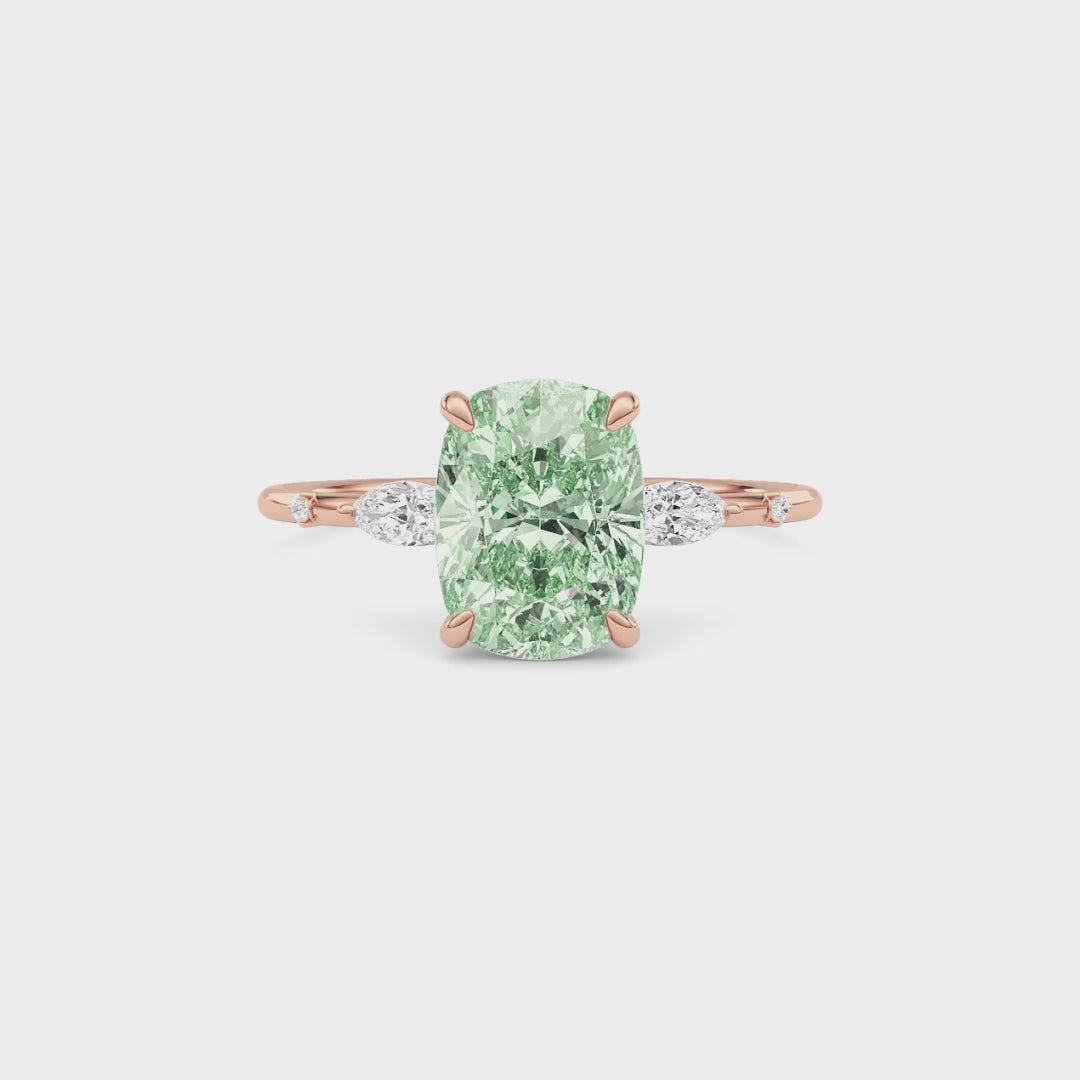Rose gold Fancy Green Cushion Cut Diamond Marquise Side Stone Engagement Ring