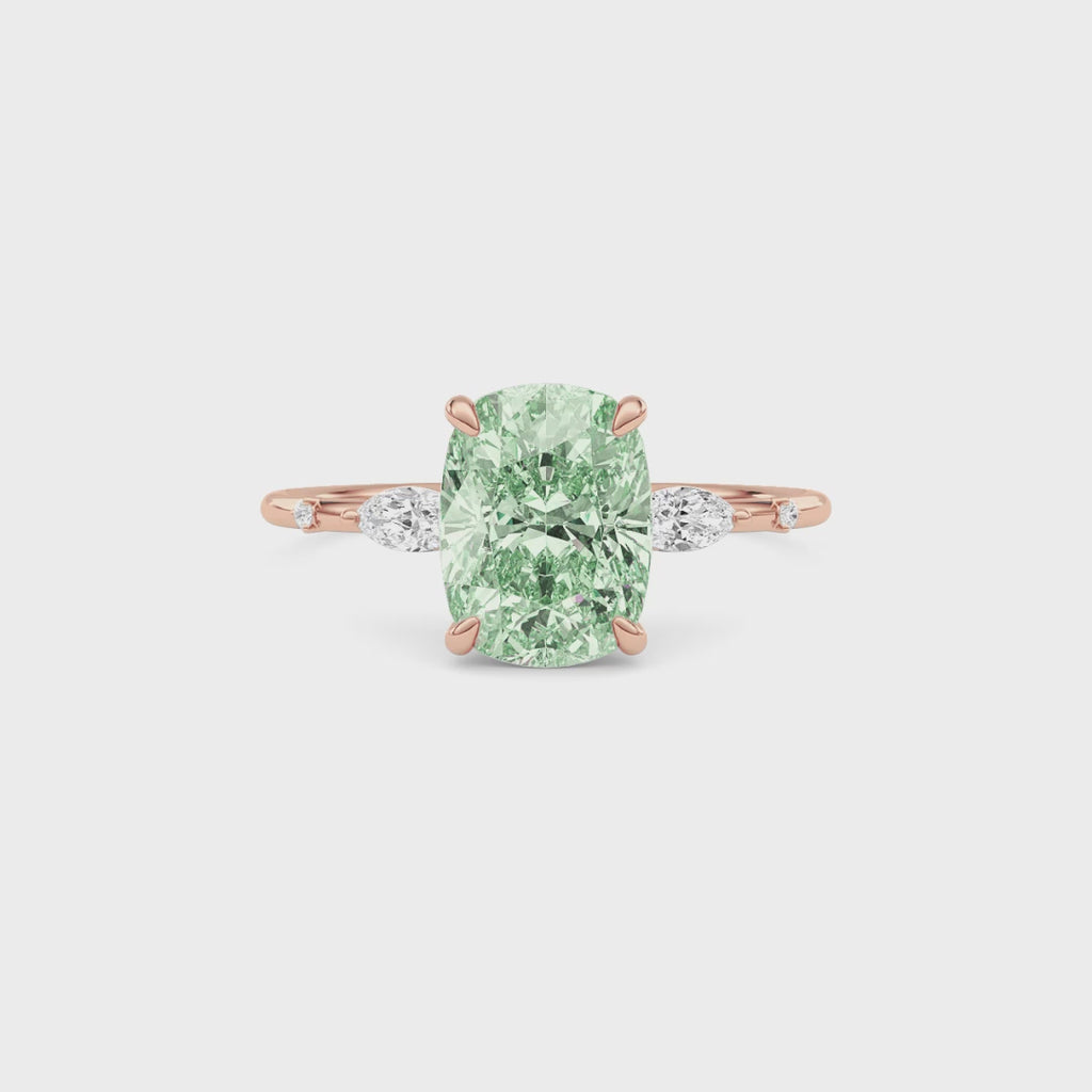 Rose gold Fancy Green Cushion Cut Diamond Marquise Side Stone Engagement Ring