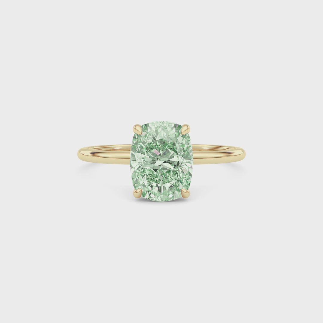 Yellow gold Fancy Green Cushion Cut Diamond Hidden Halo Solitaire Engagement Ring with Prong Setting
