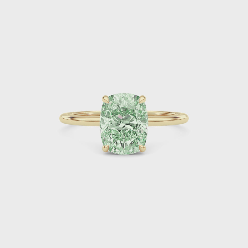 Yellow gold Fancy Green Cushion Cut Diamond Hidden Halo Solitaire Engagement Ring with Prong Setting