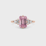 Rose gold Three-Stone Fancy Pink Emerald Cut Diamond Ring with Heart Side Stones