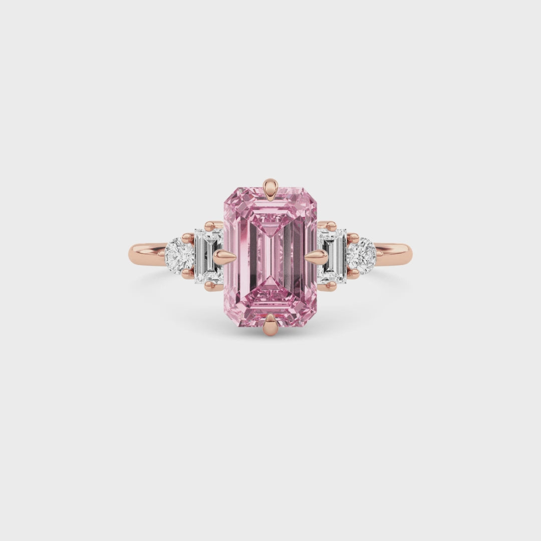 Rose gold Three-Stone Fancy Pink Emerald Cut Diamond Ring with Heart Side Stones