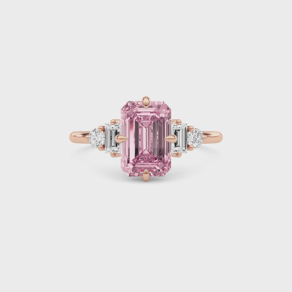 Rose gold Three-Stone Fancy Pink Emerald Cut Diamond Ring with Heart Side Stones