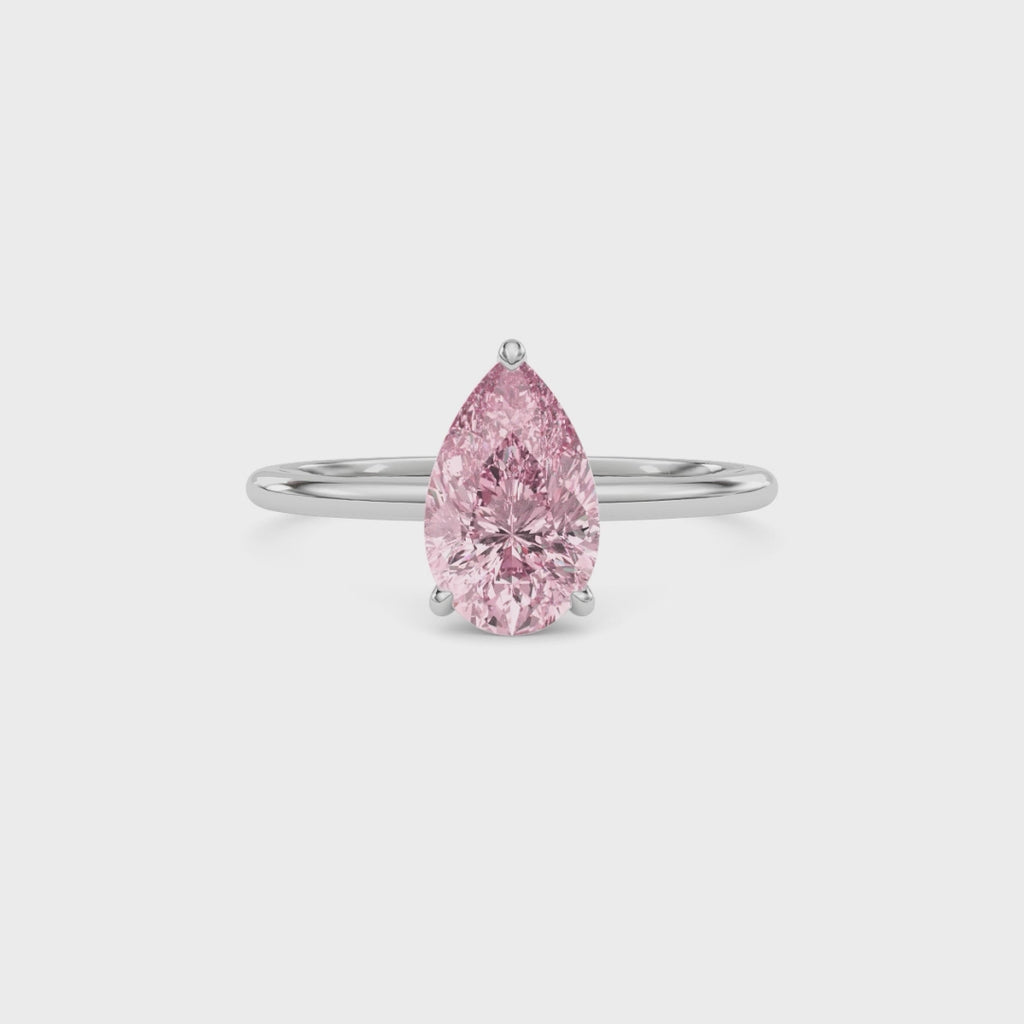 Platinum Fancy Pink Pear Cut Diamond Hidden Halo Solitaire Engagement Ring with Prong Setting