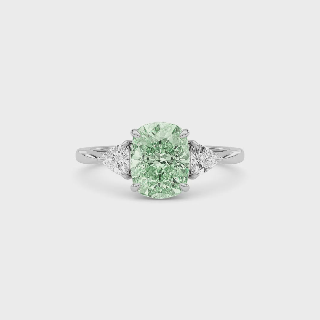 Silver Three-Stone Fancy Green Cushion Cut Diamond Ring with Trillion Side Stones