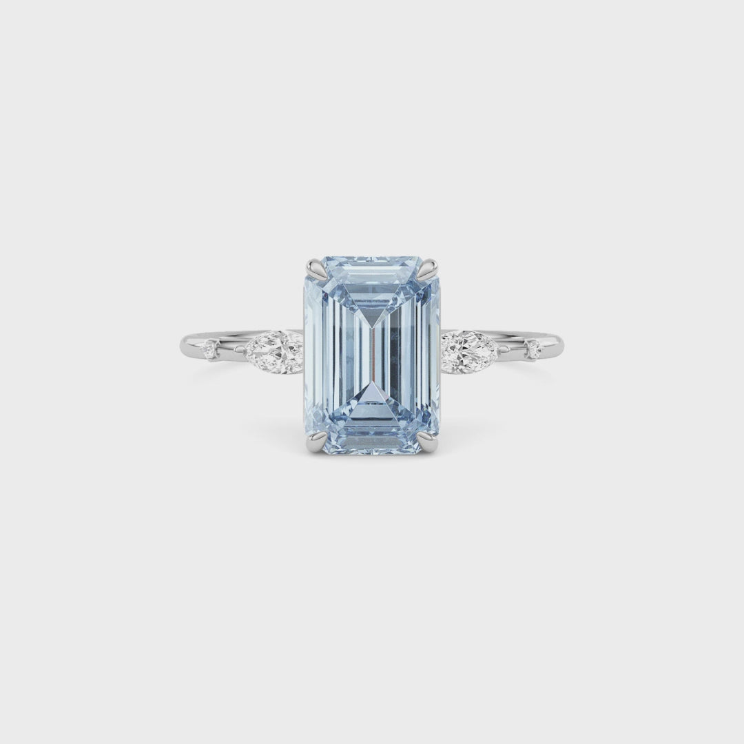 Platinum Fancy Blue Emerald Cut Diamond Marquise Side Stone Engagement Ring