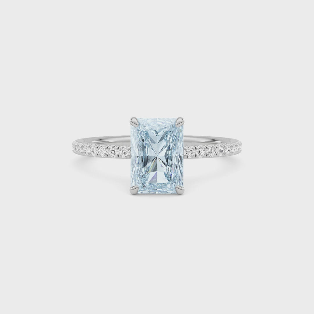 Silver Fancy Blue Radiant Cut Diamond Solitaire with Pavé Band