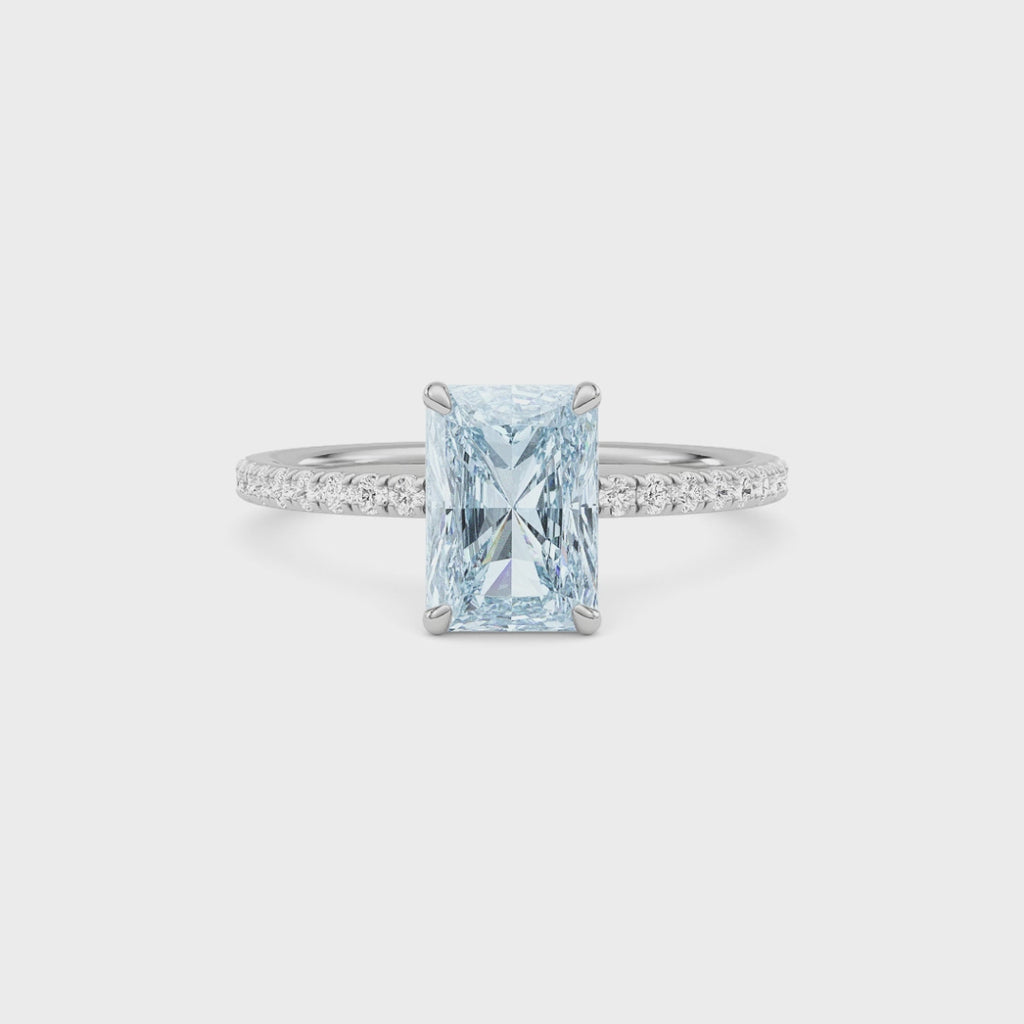 Silver Fancy Blue Radiant Cut Diamond Solitaire with Pavé Band