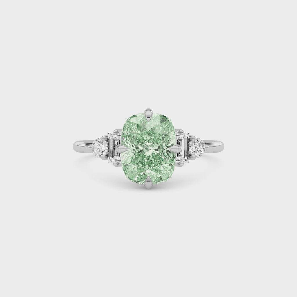 White gold Fancy Green Cushion Cut Three Stone Diamond Engagement Ring with Tapered Baguette and Round Side Stones