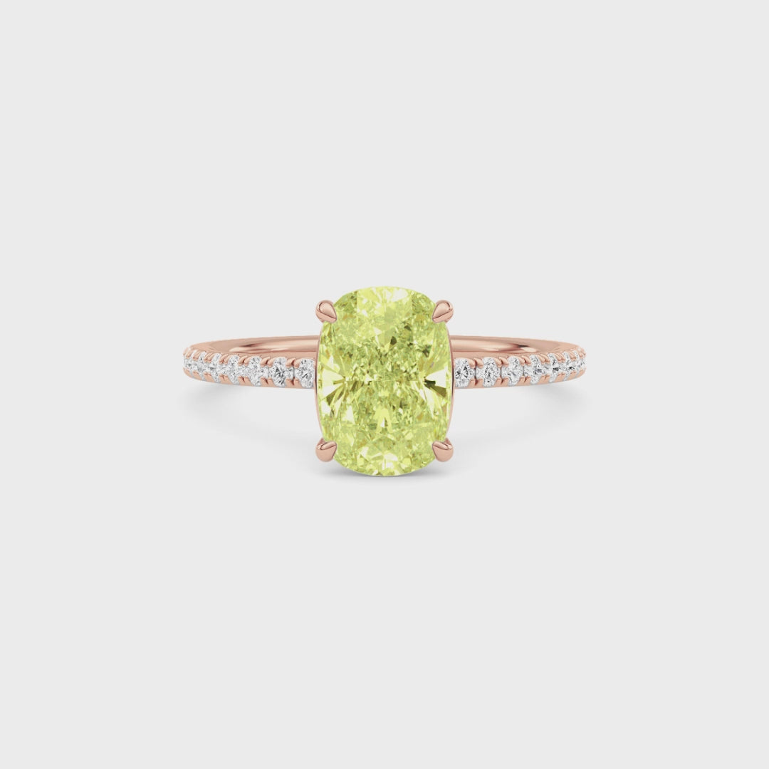 Rose gold Fancy Yellow Cushion Cut Diamond Solitaire with Pavé Band