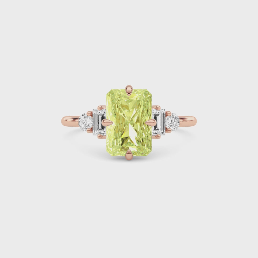 Rose gold Three-Stone Fancy Yellow Radiant Cut Diamond Ring with Heart Side Stones