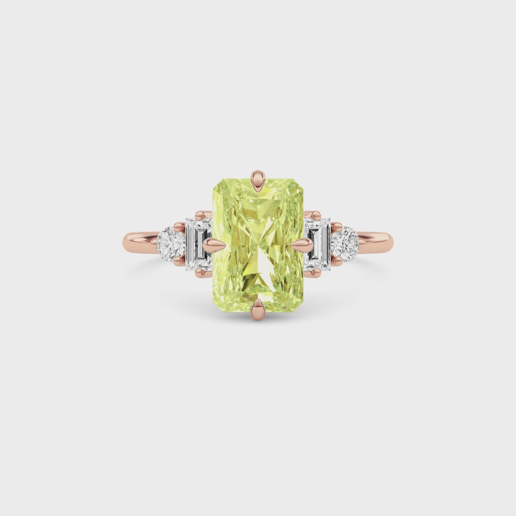 Rose gold Three-Stone Fancy Yellow Radiant Cut Diamond Ring with Heart Side Stones
