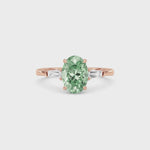 Rose gold Three-Stone Fancy Green Oval Cut Diamond Ring with Tapered Baguette Side Stones