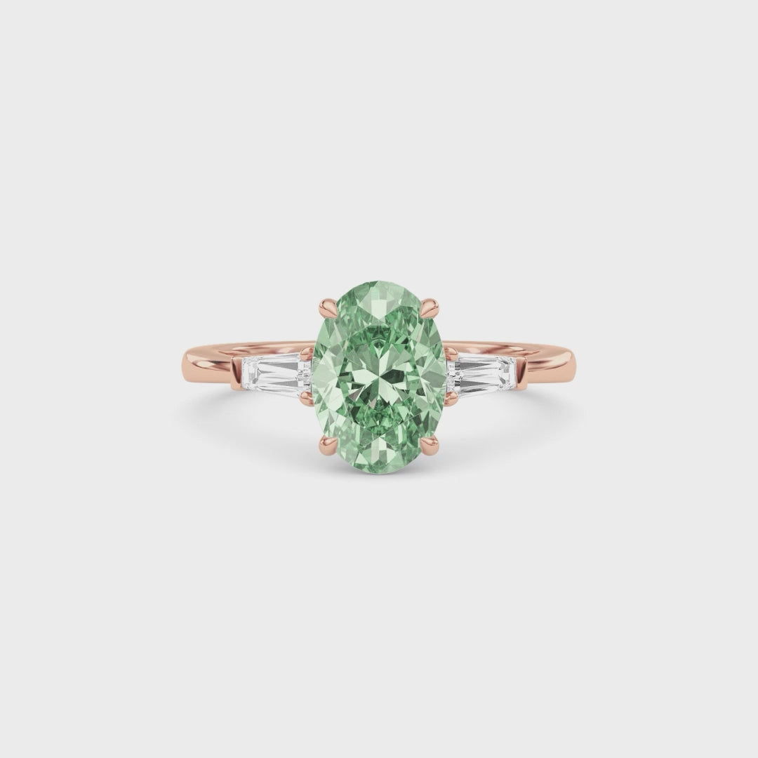 Rose gold Three-Stone Fancy Green Oval Cut Diamond Ring with Tapered Baguette Side Stones