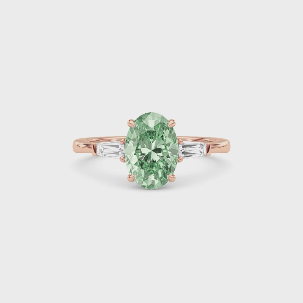 Rose gold Three-Stone Fancy Green Oval Cut Diamond Ring with Tapered Baguette Side Stones