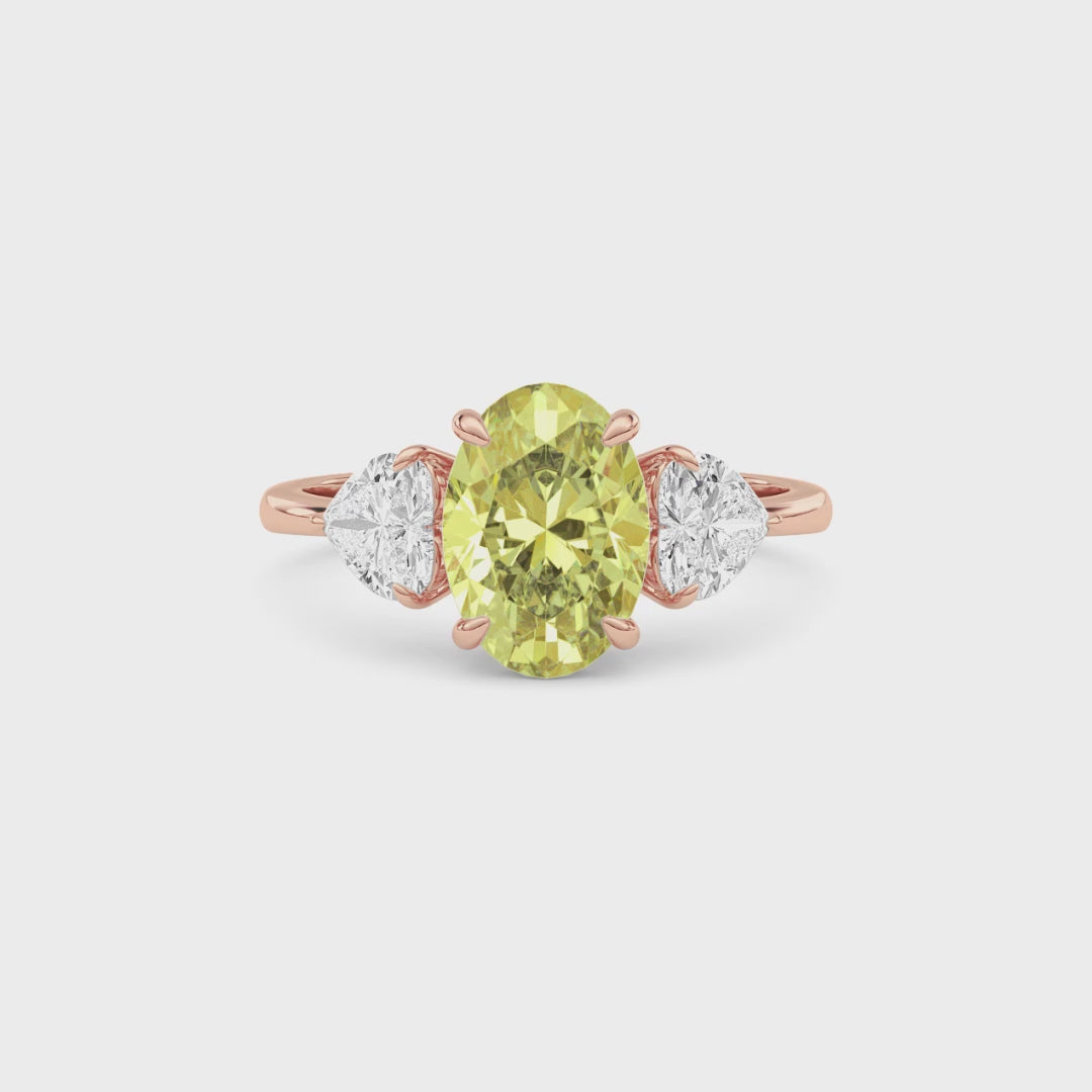Rose gold Three-Stone Fancy Yellow Oval Cut Diamond Ring with Heart Side Stones
