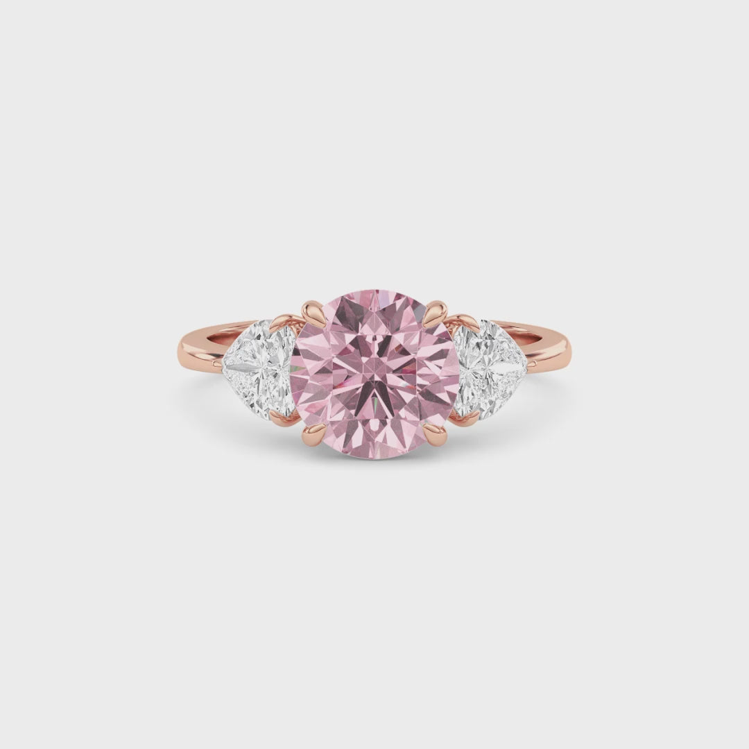 Rose gold Three-Stone Fancy Pink Round Cut Diamond Ring with Heart Side Stones