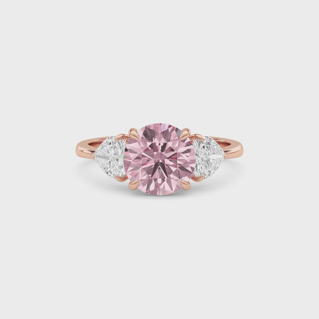 Rose gold Three-Stone Fancy Pink Round Cut Diamond Ring with Heart Side Stones