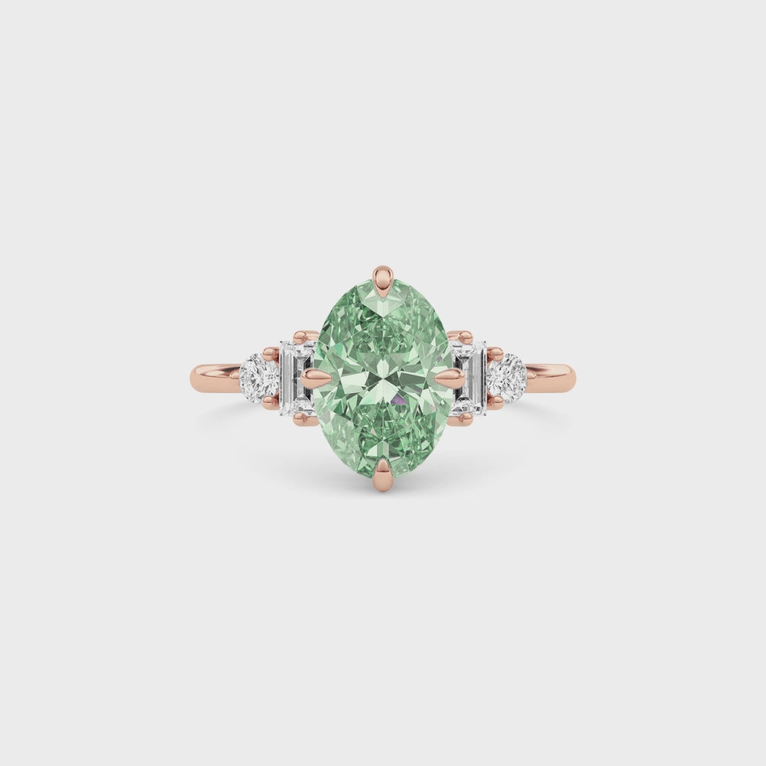 Rose gold Fancy Green Oval Cut Three Stone Diamond Engagement Ring with Tapered Baguette and Round Side Stones