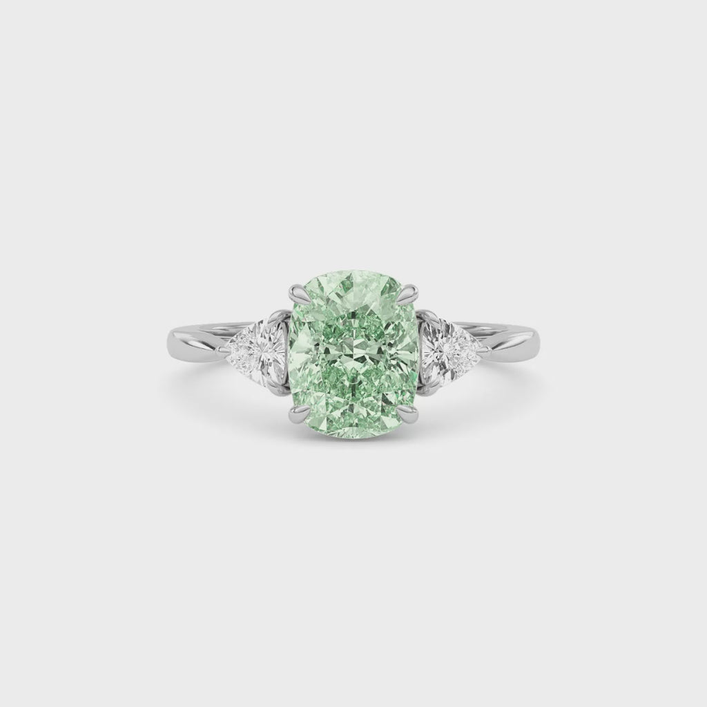 White gold Three-Stone Fancy Green Cushion Cut Diamond Ring with Trillion Side Stones