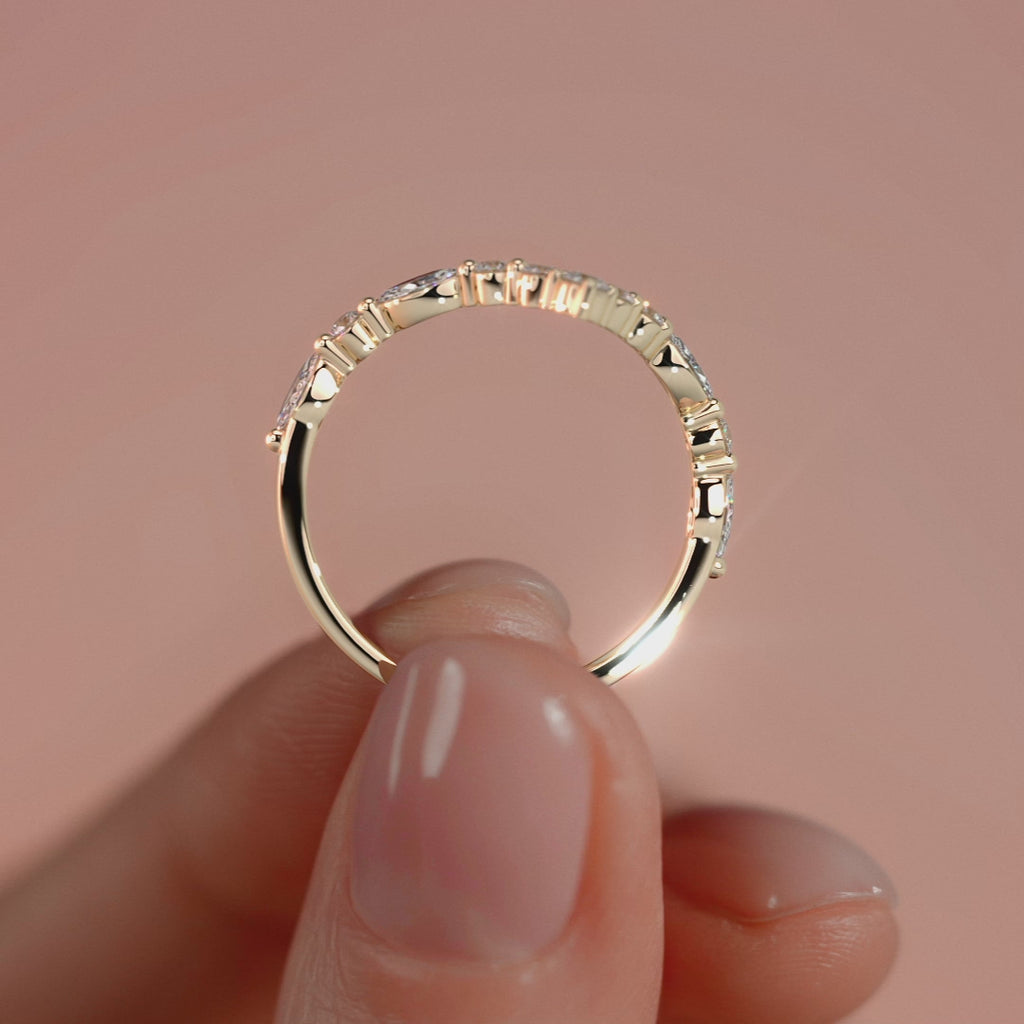 Yellow gold Round and Marquise Diamond Chevron Curved Band