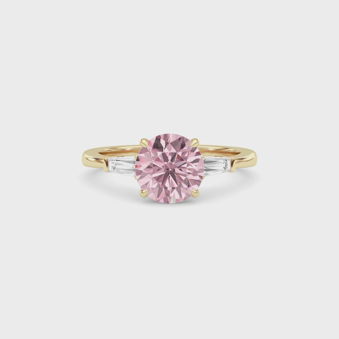 Yellow gold Three-Stone Fancy Pink Round Cut Diamond Ring with Tapered Baguette Side Stones