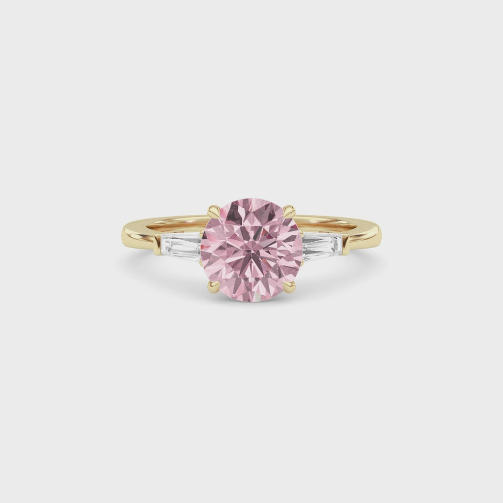 Yellow gold Three-Stone Fancy Pink Round Cut Diamond Ring with Tapered Baguette Side Stones