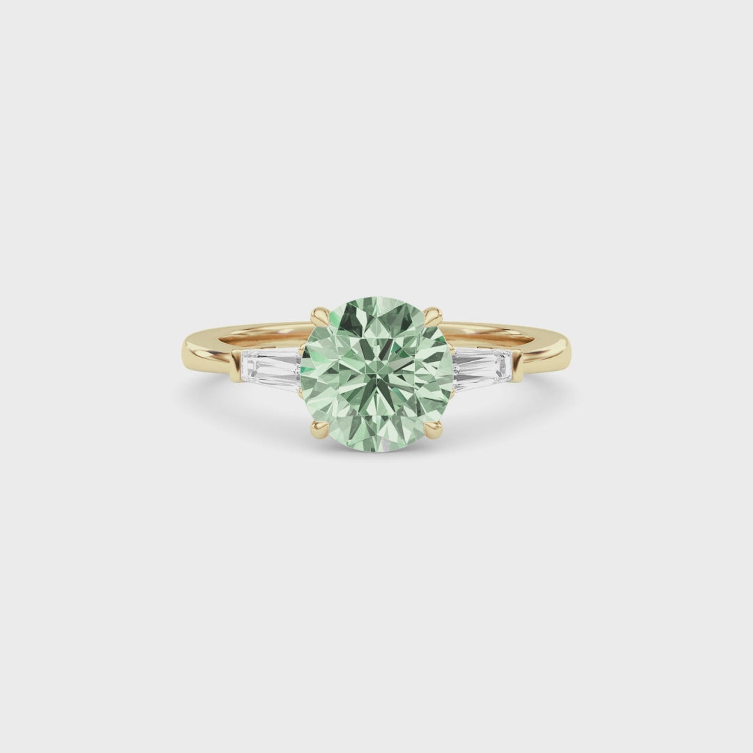 Yellow gold Three-Stone Fancy Green Round Cut Diamond Ring with Tapered Baguette Side Stones