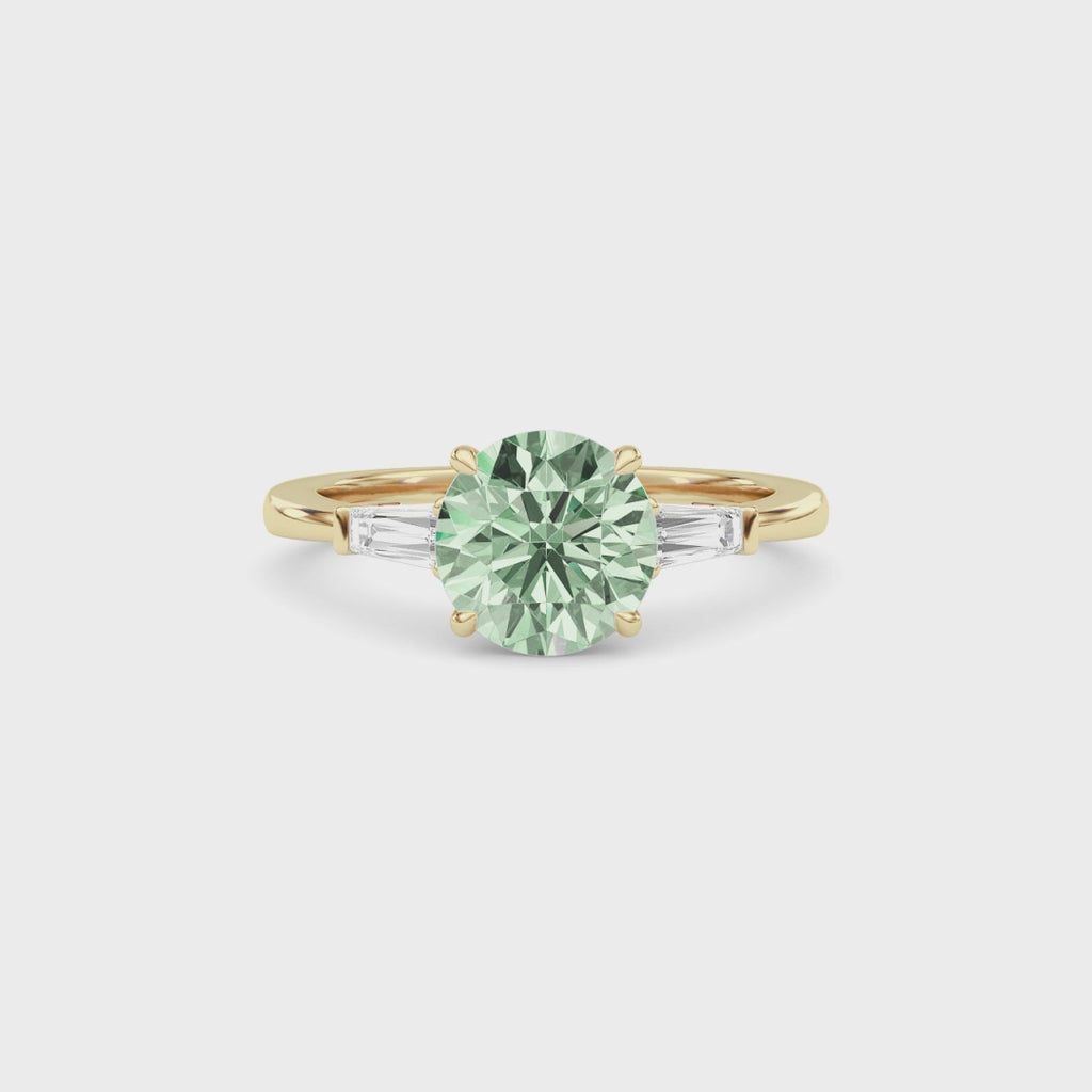 Yellow gold Three-Stone Fancy Green Round Cut Diamond Ring with Tapered Baguette Side Stones