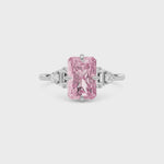 Silver Three-Stone Fancy Pink Radiant Cut Diamond Ring with Heart Side Stones