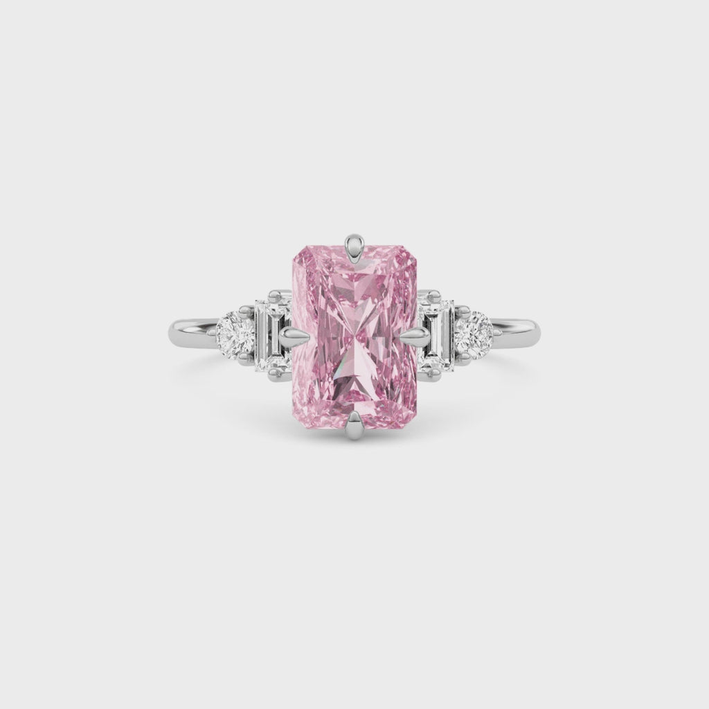 Silver Three-Stone Fancy Pink Radiant Cut Diamond Ring with Heart Side Stones