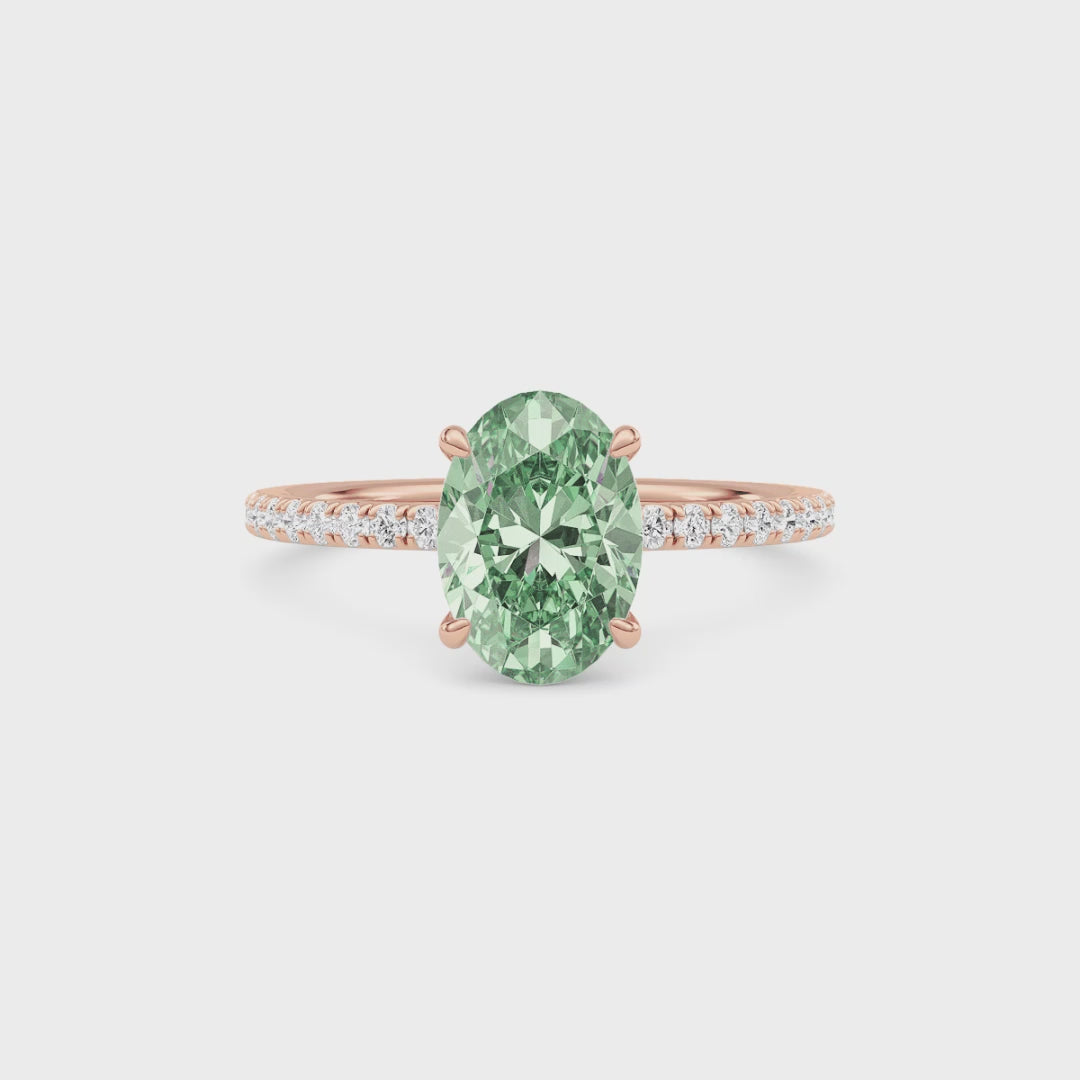 Rose gold Fancy Green Oval Cut Diamond Solitaire with Pavé Band