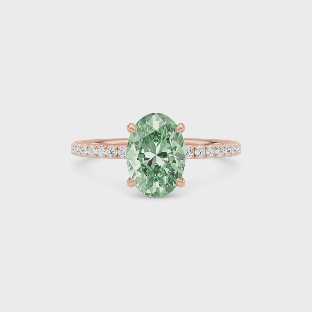 Rose gold Fancy Green Oval Cut Diamond Solitaire with Pavé Band