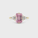 Yellow gold Three-Stone Fancy Pink Emerald Cut Diamond Ring with Heart Side Stones