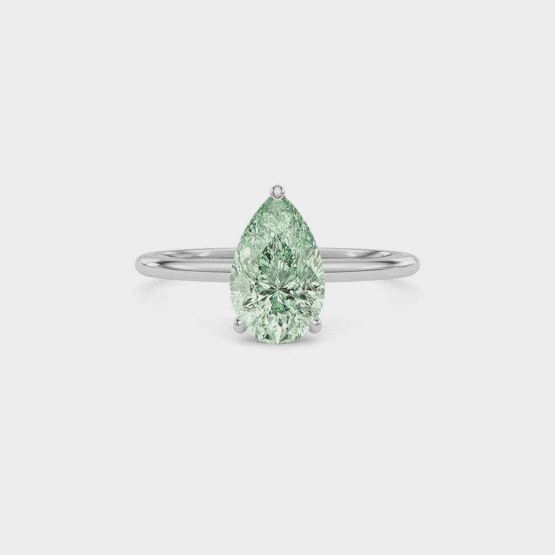White gold Fancy Green Pear Cut Diamond Hidden Halo Solitaire Engagement Ring with Prong Setting